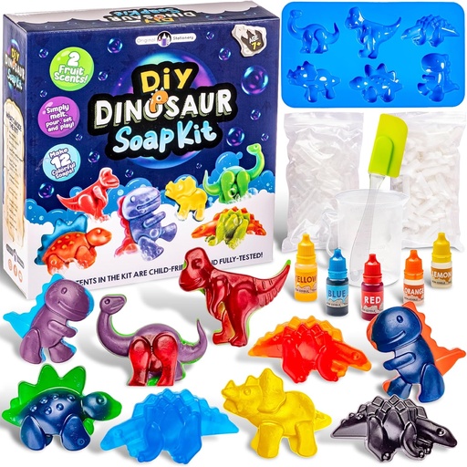 [BRSRMBAOAQBQA3QY] Original Schreibwaren Dinoosaur Seifenherstellung Kit für Kinder, DIY Seifen Kit mit Dino geformten Trays, Seifenbasis, Tintenfarben und Duftstoffe, Fun Educational Science Kits für Jungen und Mädchen, Creative Kids Toys