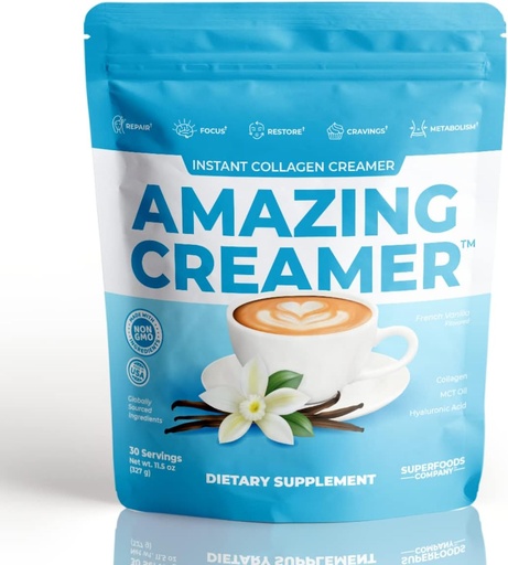 [BRSWYGIQBYMBG2TD] Superfoods Company Amazing Creamer with Collagen - Keto Creamer-Hyaluronic Acid & MCT Oil - Brain Boost & Curbs Cravings - Supports Healthy Skin & Hair - Diet-Friendly [30 Servings] [Vanilla]