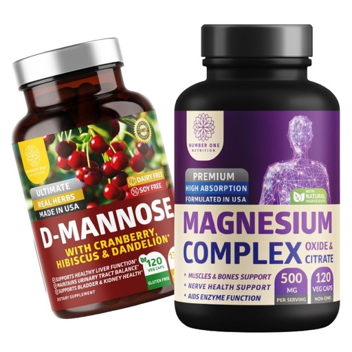 [BRSRAGATOYNAMG3O] Number One Nutrition N1N Premium Magnesium Complex [500mg] High Absorption and D-Mannose [1350mg with Cranberry & Hibiscus], Non-GMO and Gluten-Free, 2 Pack Bundle
