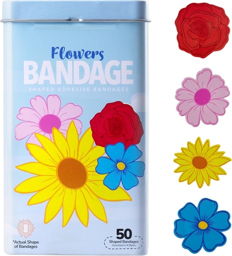 [BRSROBIZCMGWO2Q6] BioSwiss Kids Bandages, Flowers Shaped Self Adhesive Bandage Set, Latex Free, Sterile Wound Care, 50 Count