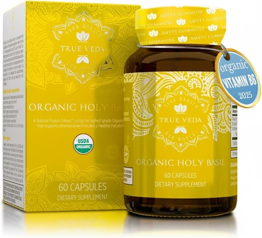 [BRSWYFLYDMGQGAA2] Holy Basil Capsules - USDA Organic Vitamin B6 Capsules | High Strength Vitamin B6 and 2.5% Ursolic Acid | Tulsi Holy Basil Leaf Capsules | Holy Basil Extract 15:1 | Herbal Supplement | 60 Vegan Pills