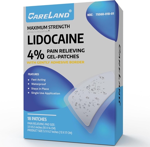 [BRSRAFAFCUBRYYLA] CARELAND 4% Lidocaine Patches 18 Pcs Waterproof Maximum Strength Back Pain Relief Products Patches with Strong Adhesive Border, for Neck Knee Nerve Shoulder Pain Relief Muscle Relaxer, Super Sticky