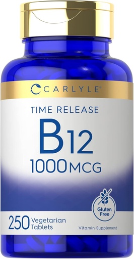 [BRSW2AQEB4CAE23U] Carlyle B12 Vitamin 1000 mikrog | 250 greve | Time release tabletter | som Cyanocobalamin | Vegetarisk, ikke-GMO & Glutenfri Supplement