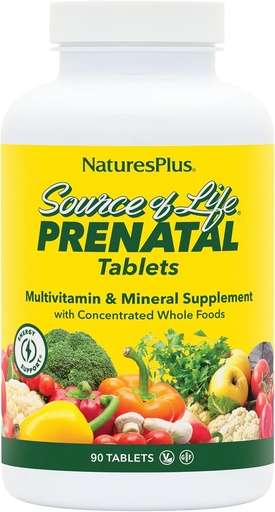 [BRSWIYT3PMMRSCTY] Natures Plus Source de vie Prénatale - 800 mcg Folate, 90 comprimés végétariens - Tous les vitamines et minéraux prénatals naturels avec fer et calcium - Santé et énergie optimales - Sans gluten - 45 portions