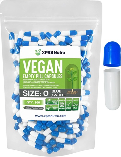 [BRSWY2QNOECBEDY7] XPRS Nutra Size 0 Empty Capsules - 100 Count Empty Vegan Capsules - Vegetarian Pills - DIY Vegetable Capsule Filling - Veggie Pill Caps for Do-It-Yourself Suplements (Blue/White)