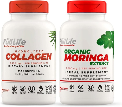 [BRSROYYBAQCBAH37] Full Life Hydrolyzed Collagen and Moringa Oleifera Capsules - Dietary Supplements - Bovine Collagen Pills for Women and Men, Gluten-Free - Veggie Capsules