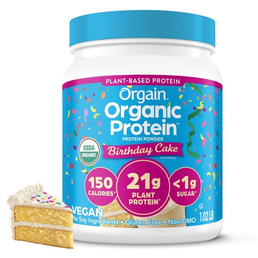 [BRSRAFQ5CQBGEEQ3] Orgain Organic Vegan Protein Powder, Birthday Cake - 21g Plant Based Protein, 7g Prebiotic Fiber, Low Net Carb, No Lactose Ingredients, No Added Sugar, Non-GMO, for Shakes & Smoothies, 1.02 lb