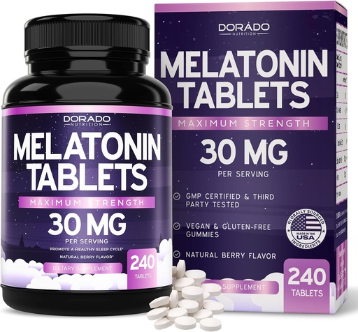 [BRSROZLQPMDQGE34] Melatonin 30mg Tablets for Adults (240 Tablets) - Fast Dissolve Tablet with 30mg of Melatonin Per Tablet - Gluten-Free, Non-GMO, 100% Vegetarian, & Great Tasting - Mixed Berry Flavor - Made in USA