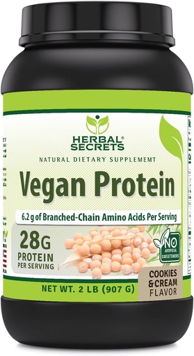 [BRSWGYYKBYNQMC3O] Herbal Secrets Vegan Protein | Cookies & Cream Flavor | 28 Grams Protein | 23 Servings | 6.2 Grams BCAA Supplement | Made in USA