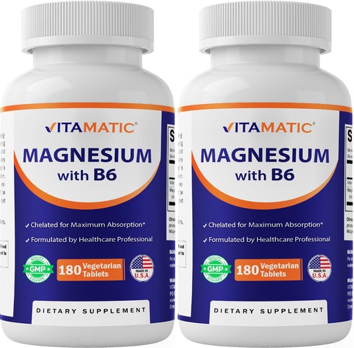 [BRSRMAI5CUJRMYDD] Vitamatic Magnesium with B6-180 Vegetarian Tablets (Uncoated) - Added B6 for Maximum Absorption - Supports Muscle, Joint, and Heart Health - 2 Pack