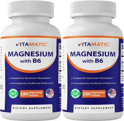 [BRSRMAI5CUJRMYDD] Vitamatic Magnesium with B6-180 Vegetarian Tablets (Uncoated) - Added B6 for Maximum Absorption - Supports Muscle, Joint, and Heart Health - 2 Pack