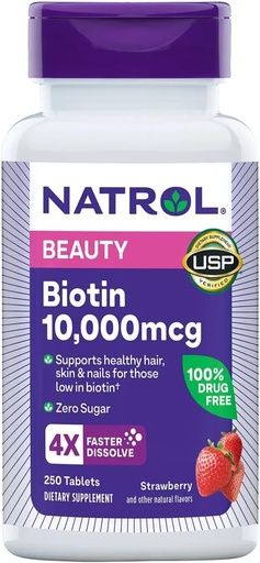 [BRSWK2Y5CN7QO33K] Natrol Biotin 10000 mcg, Strawberry Flavor, Fast Dissolve Tablets, Extra Strength, 250 Count
