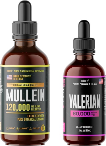 [BRSRMYDQBMFR6H37] HERBIFY Bundle - Mullein Leaf Extract & Valerian Root Tincture - Respiratory Support & Nervous System Support