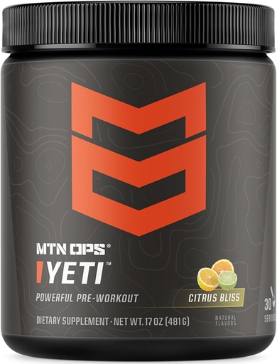 [BRSRAY37OQFQ23TX] MTN OPS Yeti Pre-Workout Powder Energy Drink with Creatine, 200mg Caffeine & BCAAs with Beta Alanine, 30-Serving Tub, Citrus Bliss