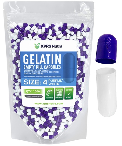 [BRSWYZLQO4FQOET6] XPRS Nutra Size 4 Empty Capsules - 100 Count Small Empty Gelatin Capsules - Pills DIY Capsule Filling - Fillable Pure Bovine Pill Gel Caps for Do-It-Yourself Supplements (Purple/White)