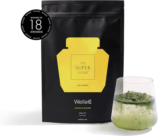 [BRSWGBAEPIAQYALD] WelleCo The Super Elixir Daily Greens Powder, Probiotic Drink Mix with Whole Foods, Gluten Free, Vegan Gut Health Powder, Energy, Immunity, Healthy Skin, Hair & Nails (300g, Lemon Ginger)