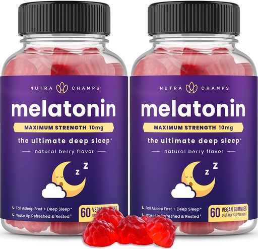 [BRSW2ZAFO4NQGFA3] NutraChamps (Pack of 2 Melatonin Gummies for Adults, Extra Strength Sleep Aid Vitamins, 5mg or 10mg Dose, Vegan Natural Strawberry Flavor Supplement for Better Sleep, 120 Gummies