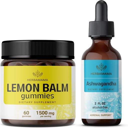 [BRSRAGLQCNYWO3TX] HERBAMAMA Lemon Balm and Ahwagandha Kit - Bundle of Lemon Balm Gummies & Ashwagandha Liquid Drops 2 fl oz - Vegan, Non-GMO, Alcohol & Gelatin-Free - 2 Pack