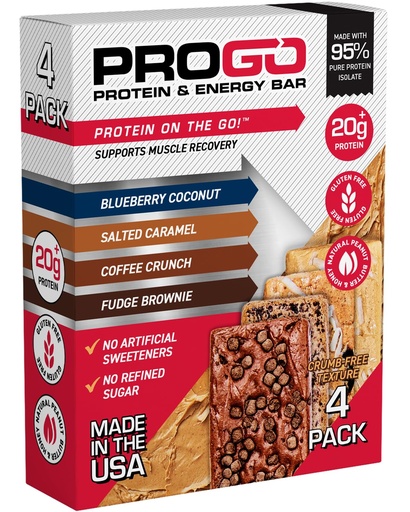 [BRSRAYYRC4MQAA3L] ProGo Protein Bars, Low Sugar, High Protein Snacks (Upp till 21g) - 95% ren isolering för snabbare muskeltillväxt och återhämtning, låg kalori, sötad w / Peanut Butter & Raw Honey (4-räkna, Starter Pack)