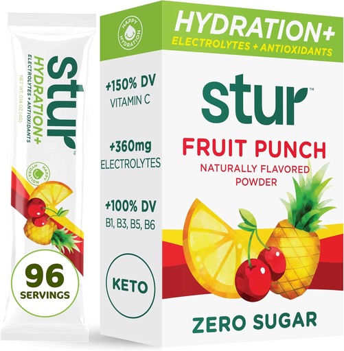 [BRSWYBT3OF4G2A3D] Stur Electrolytes Powder Hydration Packets | Fruit Punch | Sugar Free Water Flavor Packets for Workout Recovery | High Antioxidants & B Vitamins | Keto, Vegan, Non-GMO, Paleo, 96 Packets