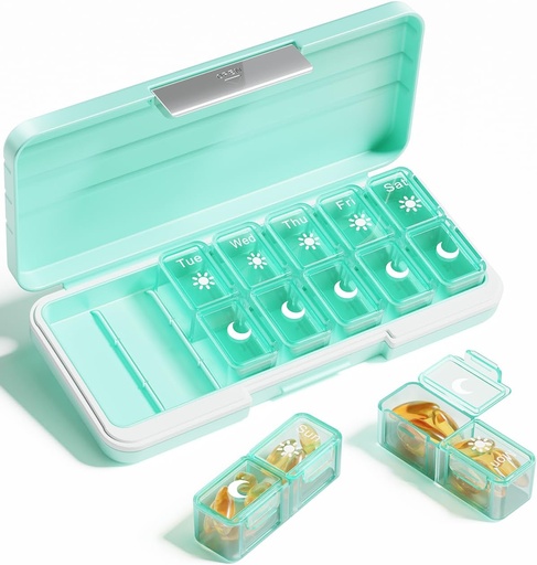 [BRSROBQCBABBQF3B] AM PM Pill Organizer 2 Times A Day, 7 Day Pill Box Weekly Pill Organizer Travel with Separate Container, Portable Daily Medicine Planner Dispenser Case for Vitamin, Fish Oils, Supplements（Green）