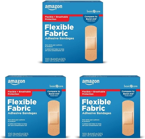 [BRSRAGT7BN6WEG37] Basic Care Flexible Stoffklebebänder, Erste Hilfe und Wund Pflegebedarf, All-One Größe, 100 Count (Pack von 3)