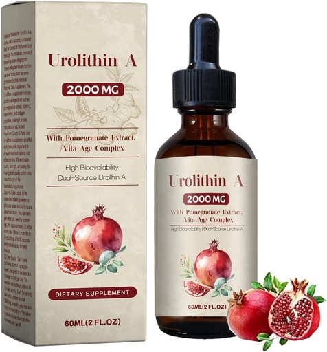 [BRSRAEIDBMFWYADA] Urolithin A 2000MG Liquid Drops with Pomegranate Extraet, Vita-Age Complex High Bioavailability Dual-Source Urolithin A 60ML(2 Fl Oz,2024New)
