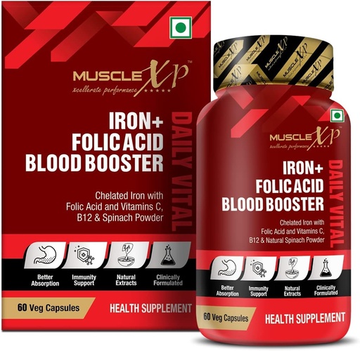 [BRSROAY7BEAQMFLL] Iron Folic Acid Booster Daily Vital, Chelated Iron with Folic Acid & Vitamin C, B12 & Natural Spinach Powder, 60 Veg Capsules