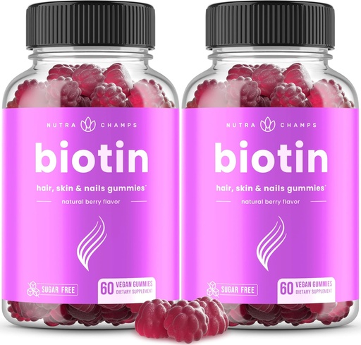 [BRSROCQZDF7BG2YZ] NutraChamps Sugar Free Biotin Gummies 10000mcg [High Potency] - Healthy Hair, Skin & Nails for Women, Men & Kids - 5000mcg in Each Gummy - Vegan Hair Health Vitamins Supplement - Raspberry (2-Pack)