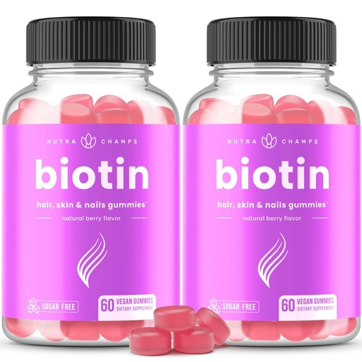 [BRSROCQZDF7BG2YZ] NutraChamps Sugar Free Biotin Gummies 10000mcg [High Potency] - Healthy Hair, Skin & Nails for Women, Men & Kids - 5000mcg in Each Gummy - Vegan Hair Health Vitamins Supplement - Raspberry (2-Pack)