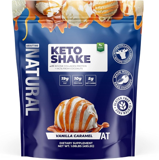 [BRSWGAQOAACQM2YU] About Time Keto Shake with Bovine Collagen Protein + MCT from Coconuts - 19g Fat, 10g Protein, 5g Net Carbs - Vanilla Caramel, 1lb