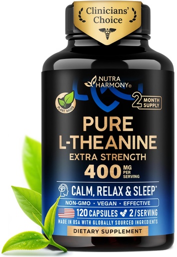 [BRSRO2YHOIMGCCD6] L-Theanine 400 mg - L Theanine for Stress Relief - Plant Based - 120 Caps