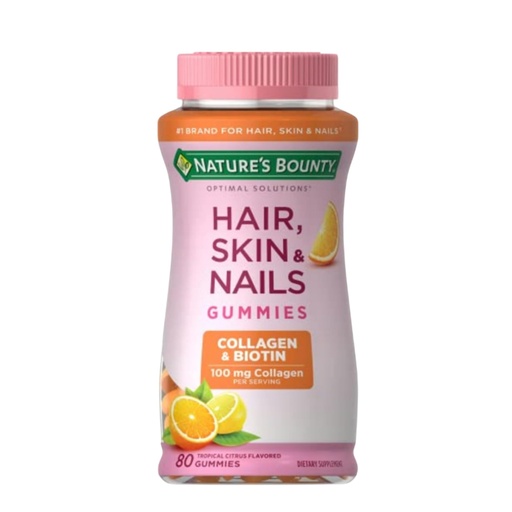[BRSWGEABCV5WYHL7] Nature's Bounty Optimal Solutions Hair, Skin & Nails with Biotin and Collagen, Citrus-Flavored Gummies Vitamin Supplement, 2500 mcg, 80 Ct, 40 Total Servings