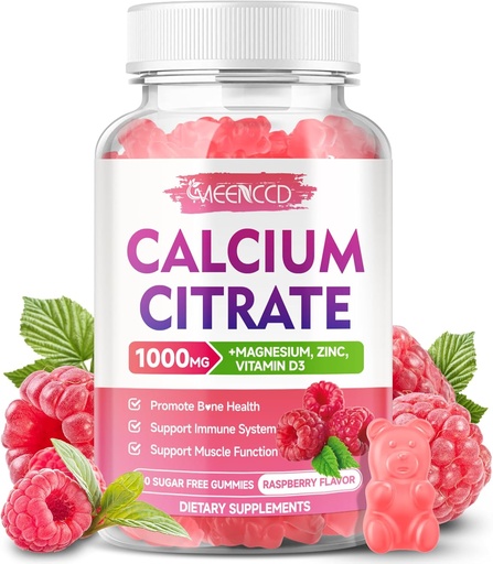 [BRSRAH36CF7RYDQY] Calcium Citrate Gummies 1000 מ"ג w /Vitamin D3, High Absorption Calcium תוספת לנשים וגברים, Plus Magnesium, Potassium, Zinc forשרירים & Immune, Sugar-Free, Raspberry Flavor, 60 ספירה