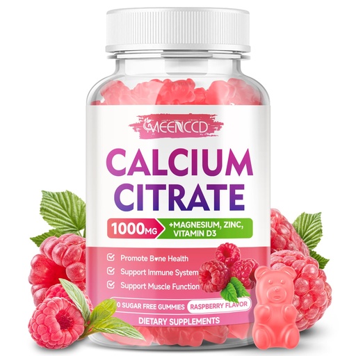 [BRSRAH36CF7RYDQY] Calcium Citrate Gummies w/Vitamin D3, High Absorption Calcium Supplement for Women & Men, Plus Magnesium, Potassium, Zinc for Muscle & Immune Support, Sugar-Free, Raspberry Flavor, 60 Count