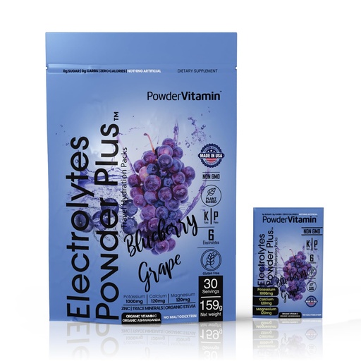 [BRSROGL4OQHQGFL3] PowderVitamin Electrolytes Powder Plus, Keto, Blueberry Grape, Zero Sugar, 1000mg Potassium, 120mg Calcium, 120mg Magnesium, Non-GMO, Zero Calories, 30 Hydration Packets