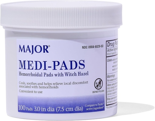 [BRSWIYLROEBACGTY] MAJOR Medi-Pads - Hemorrhoidal Hygienic Cleansing Witch Hazel Pads - Cooling Relief with Aloe - 100 Count Jar (1 Pack)