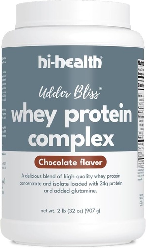 [BRSROCQQA4PRGCQ2] Hi-Health Udder Bliss Whey Protein Complex Pulveris, Biopieejamo sūkalu olbaltumvielu koncentrāta un izolāta maisījums ar pievienoto glutamīnu, Šokolāde (2 gabali)