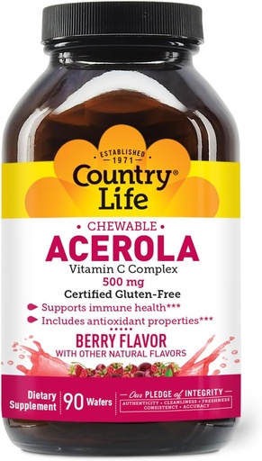 [BRSWIZYAOYOQO2LY] Complexe Vitamine C d'Acerola, 500mg, Wafers aromatisés aux baies comestibles, soutient la santé immunitaire, 90 Wafers, sans gluten certifié par GFCO, végétalien certifié par AVA