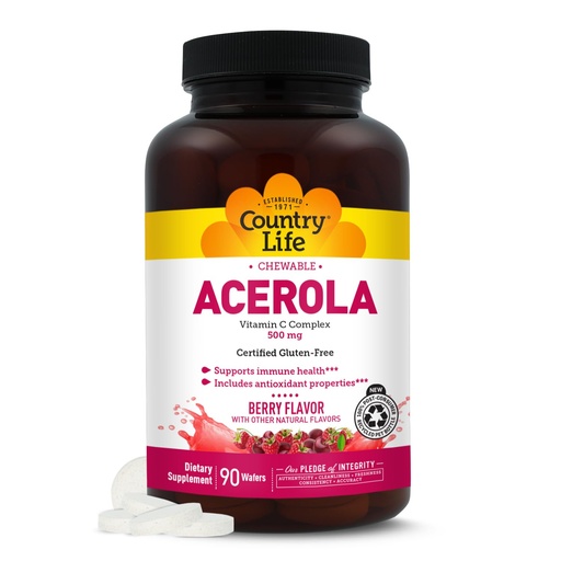 [BRSWIZYAOYOQO2LY] Country Life Acerola Vitamin C Complex 500mg, Berry Chewable Wafers with Citrus Bioflavonoids & Rose Hips, Immune Health Antioxidant Support, Gluten Free, Vegan, 90 Wafers