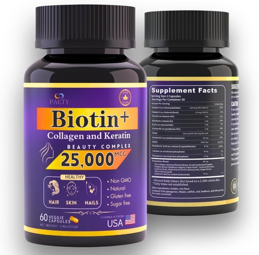 [BRSRAGD6AQNGGA36] Revitalize Your Beauty! Biotin, Collagen & Keratin Complex – 25,000 mcg with Hyaluronic Acid & B Vitamins – Clinically Tested for Lush Hair, Radiant Skin, Strong Nails – 60 Capsules