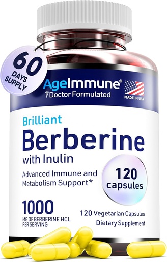 [BRSRMBA6B4CBQ2TU] AgeImmune Berberine 1000mg täienduskompleks inuliini prebiootikumiga - iga kapsel sisaldab berberiini 500mg - doktor Formuleeritud toidulisandid kõrge imendumisega.