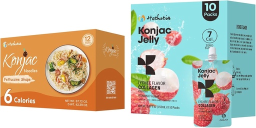 [BRSRAAAQBECGYCA7] Hethstia Konjac Jelly Lychee Flavor with Collagen Peptides 10 Packs and Konjac Fettuccine Gluten Free 12 Packs Low Calorie, Keto, Sugar Free, Healthy Food