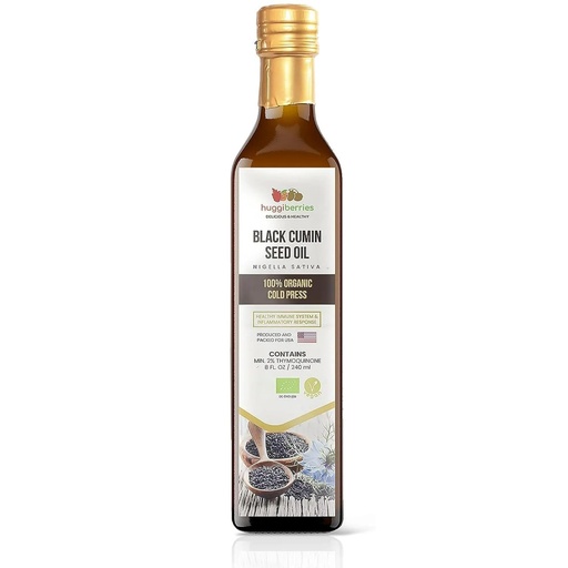 [BRSW2HAPOECAOAA7] Huggiberries Organic Black Seed Oil Liquid - Glas bottle- Gluten-Free Oil for Salads, Dips, Dressings, Veggies - Cold Pressed Turkish Cumin, Rich in Thymoquinone Immunity Supplement - 8 fl.oz./250ml