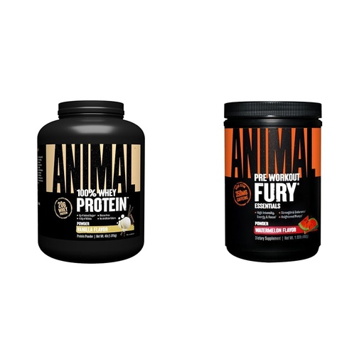 [BRSRAZYRCF7GKEIY] Animal 100% Whey Protein Powder Vanilla 4lb Bundle Fury Pre Workout Powder Supplement Watermelon 16.96oz