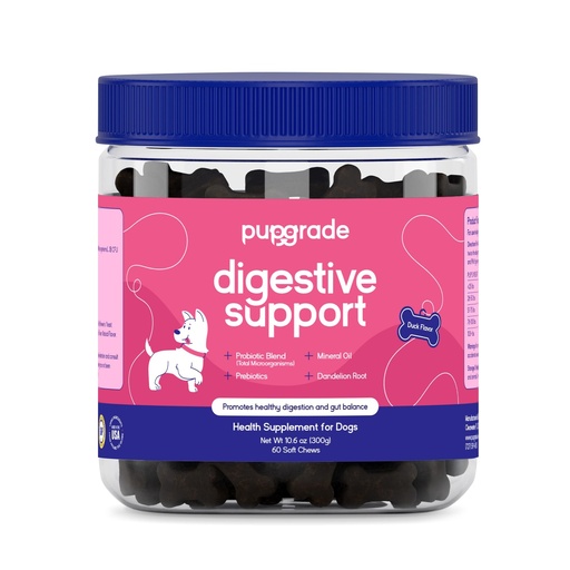 [BRSWYCAHCQNQO3LF] PupGrade Digestive Support for Dogs - Prebiotic + Probiotic Supplement with Enzyme Blend - Gut and Immune Support - Pumpkin, Blueberry, Mineral Oil, Duck Flavor - 60 Soft Chews