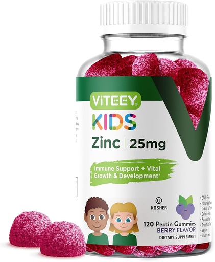 [BRSRMZL2AUMAGD3A] Vitey Sinkki lapsille Gummies, 25mg - Immuuneja tukea lapsille & Teini - Tehokas luonnollinen antioksidantti, lapset Sinkki vitamiini täydentää - Vegaani, Liivate, Gluteeniton - Tasty Chewable Berry Flavor Gummy