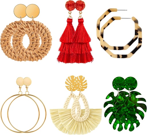 [BRSW2HY5BYMRMHI6] Ponpon 6-18 Pairs Earrings for Women, Lightweight Summer Earrings Straw Earrings Fashion Geometric Statement Hoop Dangle Drop Earrings for Women