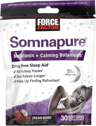 [BRSRMAITBV5WOE36] FORCE FACTOR Somnapure Soft Chews with 10mg Melatonin, L-Theanine, Chamomile, Lemon Balm, Dream Berry Flavor, 30 Soft Chews