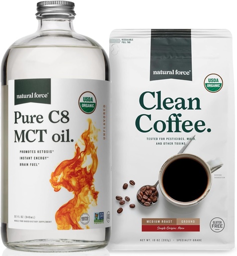 [BRSRMCATC4CW2FDA] Natural Force Organic Ground Clean Coffee + Organic Pure C8 MCT Oil Bundle – 100% C8 MCTs & Mold & Mycotoxin Free Coffee – Non-GMO, Keto, Paleo, and Vegan - 10 Oz Bag and 32 Oz Glass Bottle